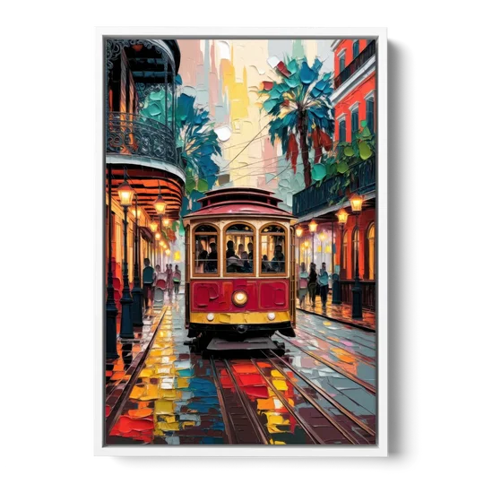 New Orleans Trolley Car Journey - White Framed Canvas Wall Art - Front