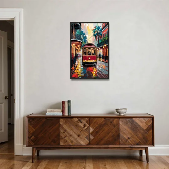 New Orleans Trolley Car Journey - Black Framed Canvas Wall Art - Coffee Table - 24x36
