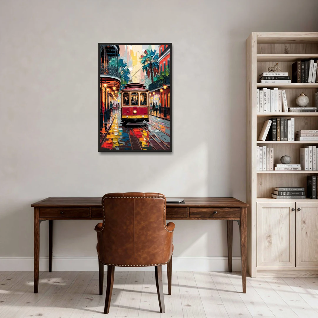 New Orleans Trolley Car Journey - Black Framed Canvas Wall Art - Office - 24x36