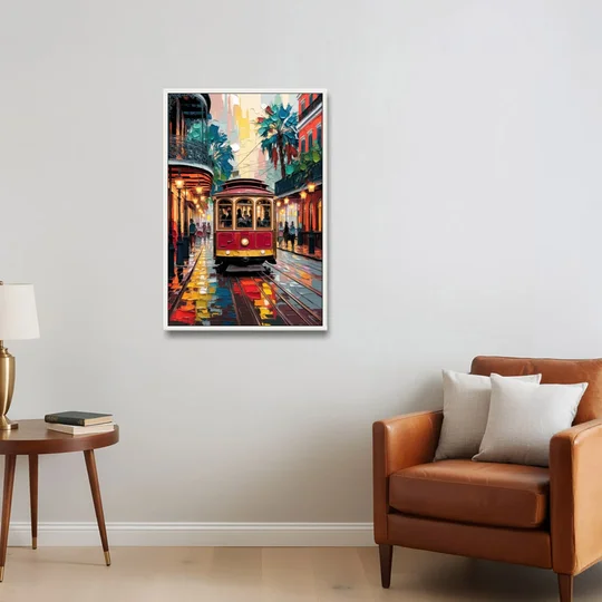 New Orleans Trolley Car Journey - White Framed Canvas Wall Art - Sofa - 24x36