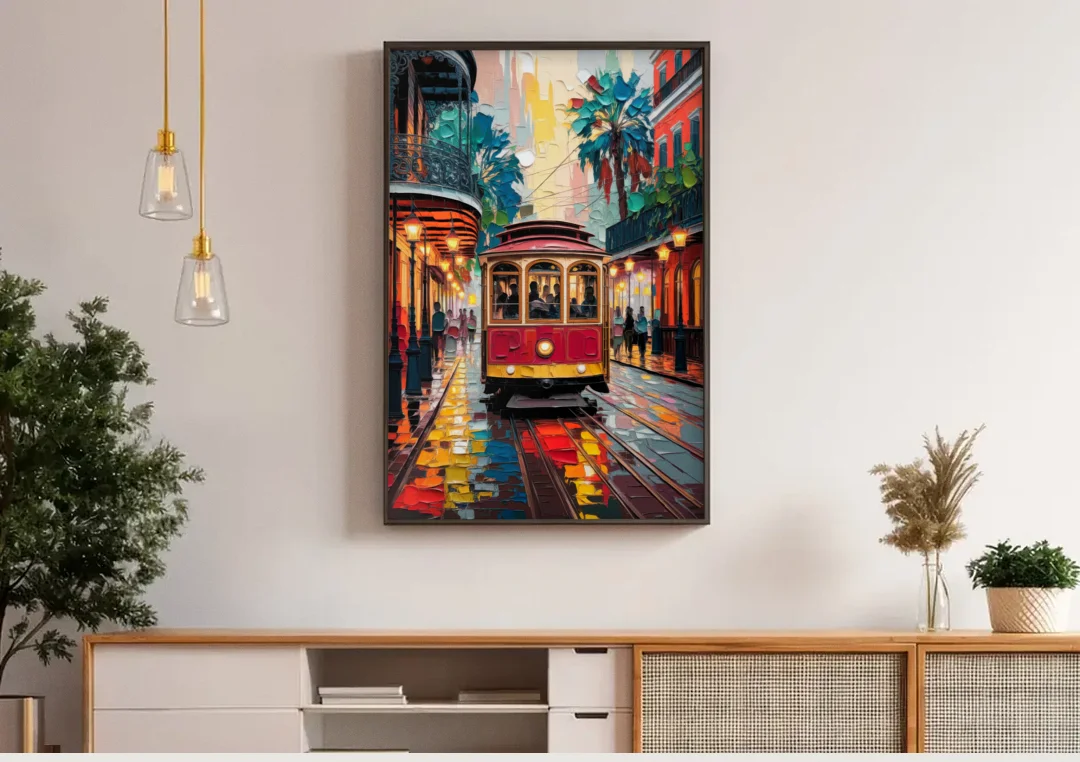 New Orleans Trolley Car Journey canvas wall art above a wooden sideboard under pendant lights