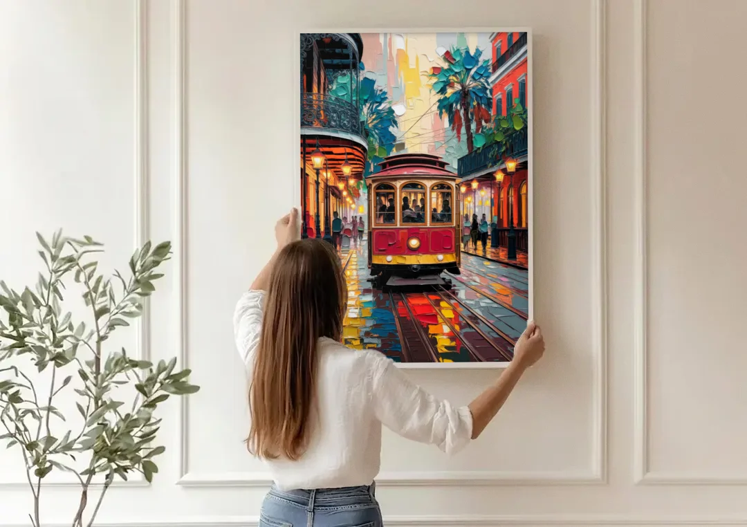 New Orleans Trolley Car Journey canvas wall art being hung on a paneled wall
