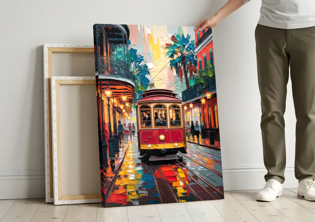 New Orleans Trolley Car Journey canvas wall art leaning against a wall next to blank canvases