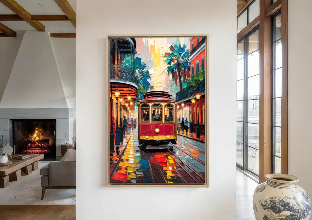 New Orleans Trolley Car Journey canvas wall art in a living room with a fireplace