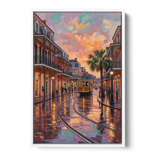 New Orleans Vibrant Street Art - White Framed Canvas Wall Art - Front