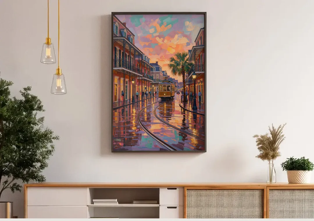 New Orleans Vibrant Street Art canvas wall art above a wooden sideboard under pendant lights