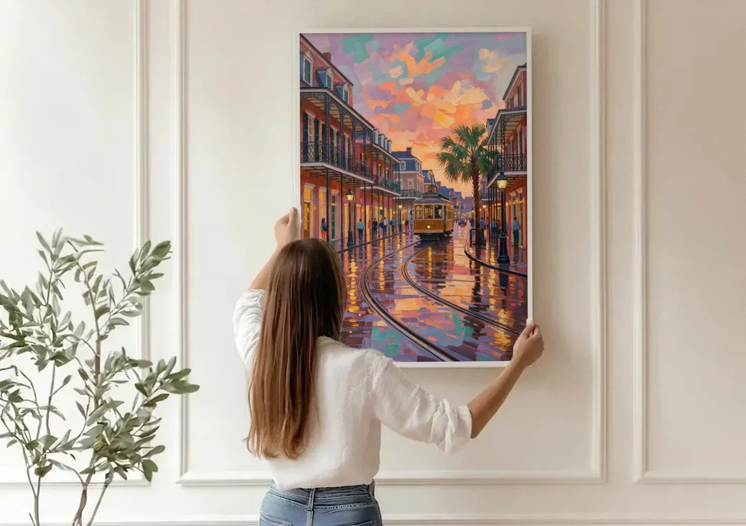 New Orleans Vibrant Street Art canvas wall art being hung on a paneled wall