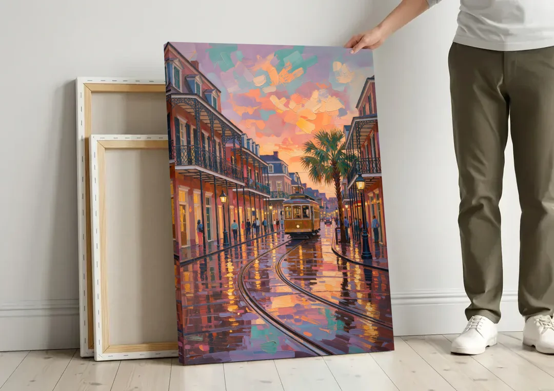 New Orleans Vibrant Street Art canvas wall art leaning against a wall next to blank canvases
