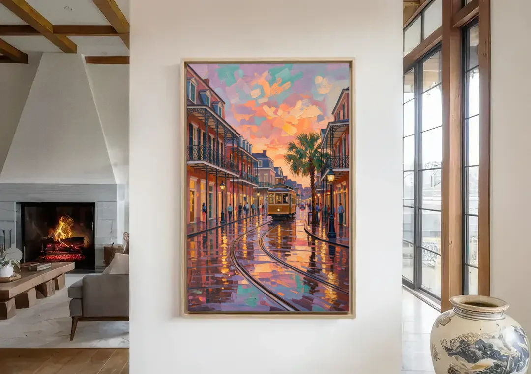 New Orleans Vibrant Street Art canvas wall art in a living room with a fireplace