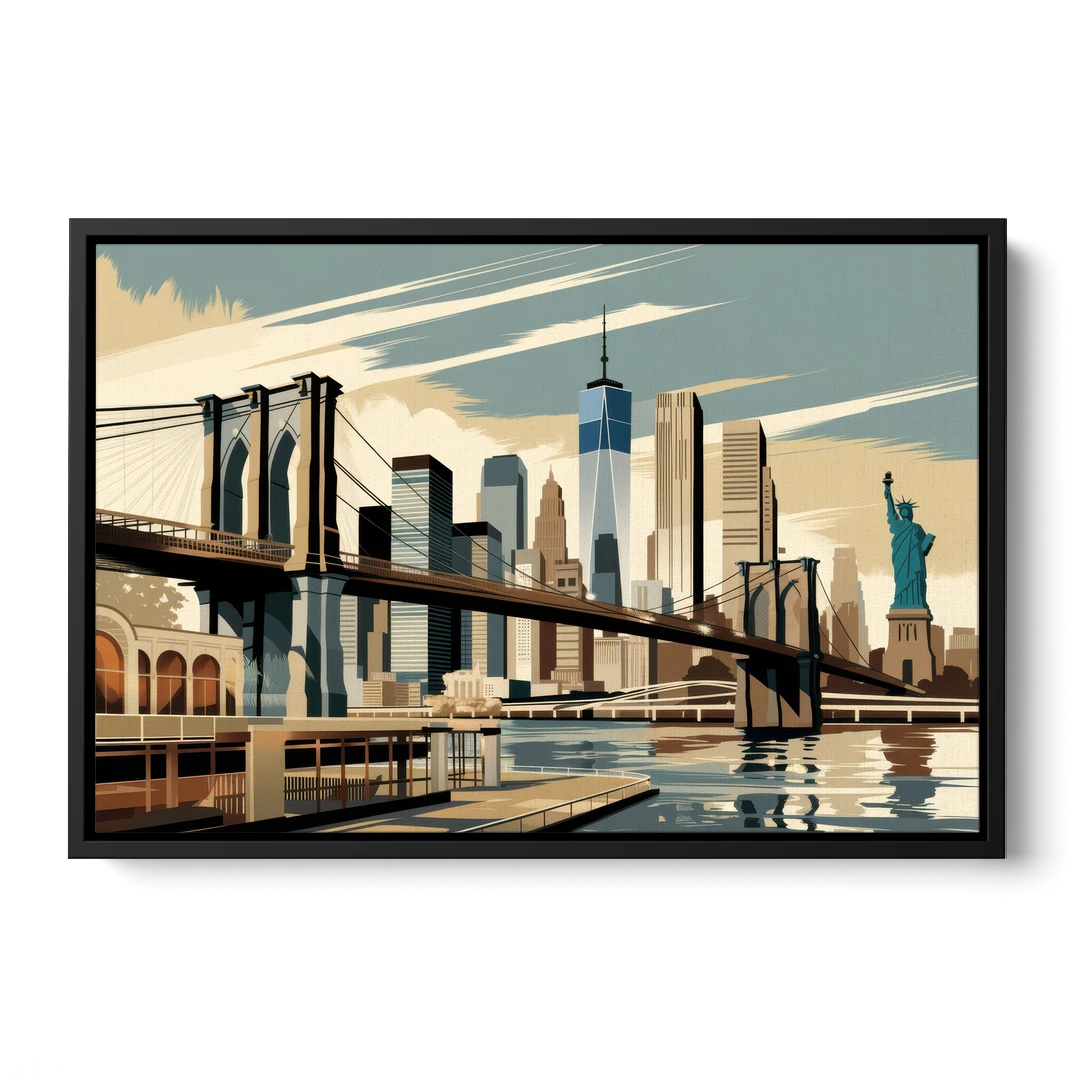 New York Brooklyn Bridge And Statue Of Liberty - Black Framed Canvas Wall Art - Front