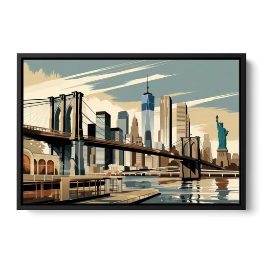 New York Brooklyn Bridge And Statue Of Liberty - Black Framed Canvas Wall Art - Front