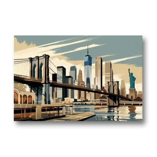 New York Brooklyn Bridge And Statue Of Liberty - Canvas Wall Art - Front