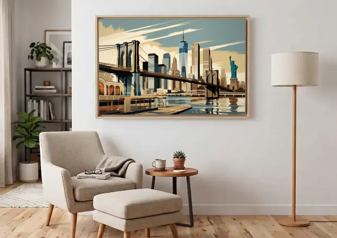 New York Brooklyn Bridge And Statue Of Liberty canvas wall art above an armchair in a bright living room