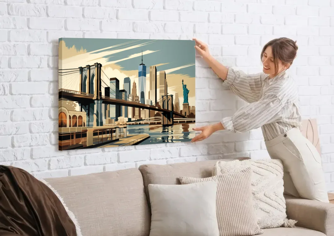 New York Brooklyn Bridge And Statue Of Liberty canvas wall art being hung on a white brick wall above a sofa
