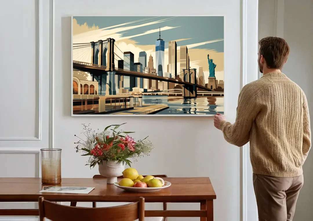 New York Brooklyn Bridge And Statue Of Liberty canvas wall art above a dining table