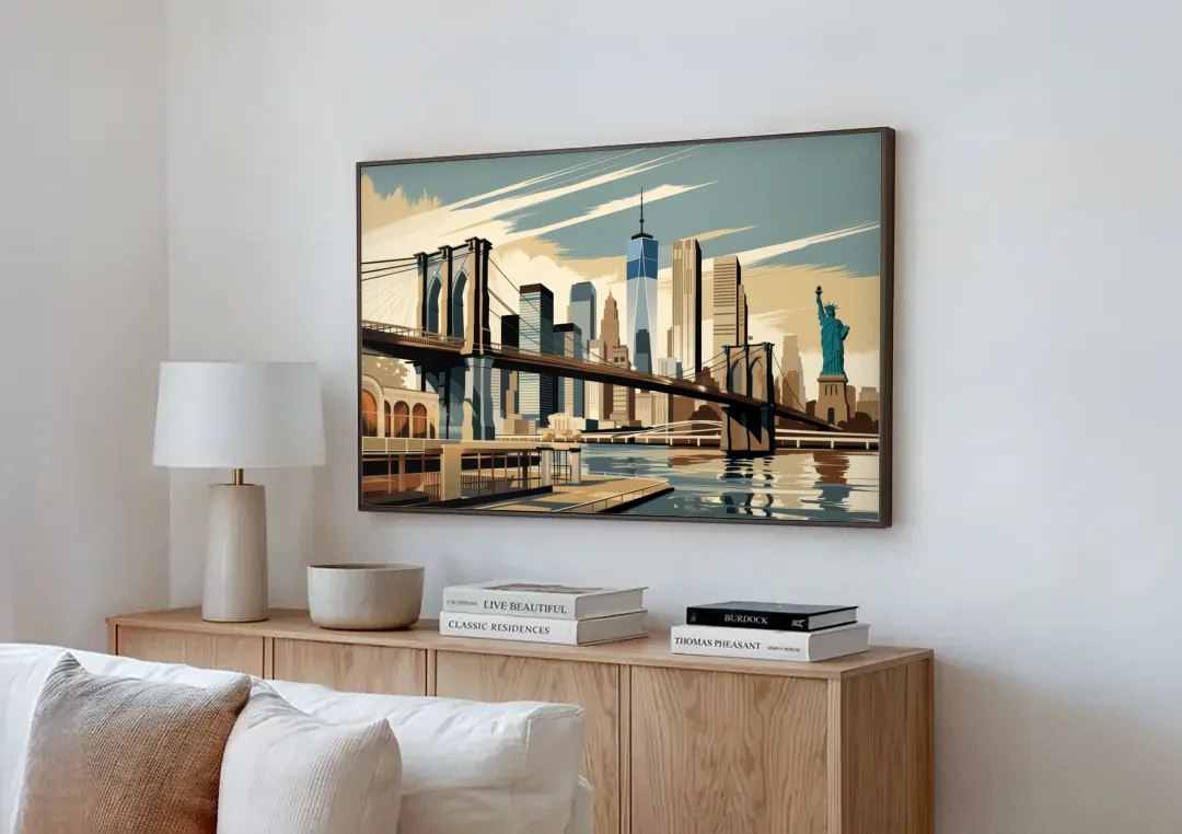 New York Brooklyn Bridge And Statue Of Liberty canvas wall art above a wooden sideboard next to a sofa