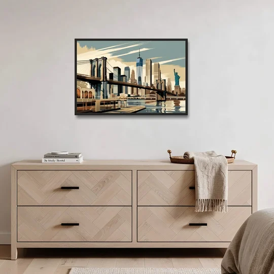 New York Brooklyn Bridge And Statue Of Liberty - Black Framed Canvas Wall Art - Coffee Table - 36x24