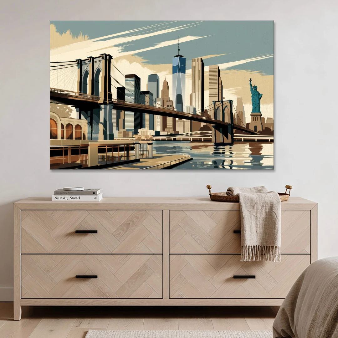 New York Brooklyn Bridge And Statue Of Liberty - Canvas Wall Art - Coffee Table - 60x40