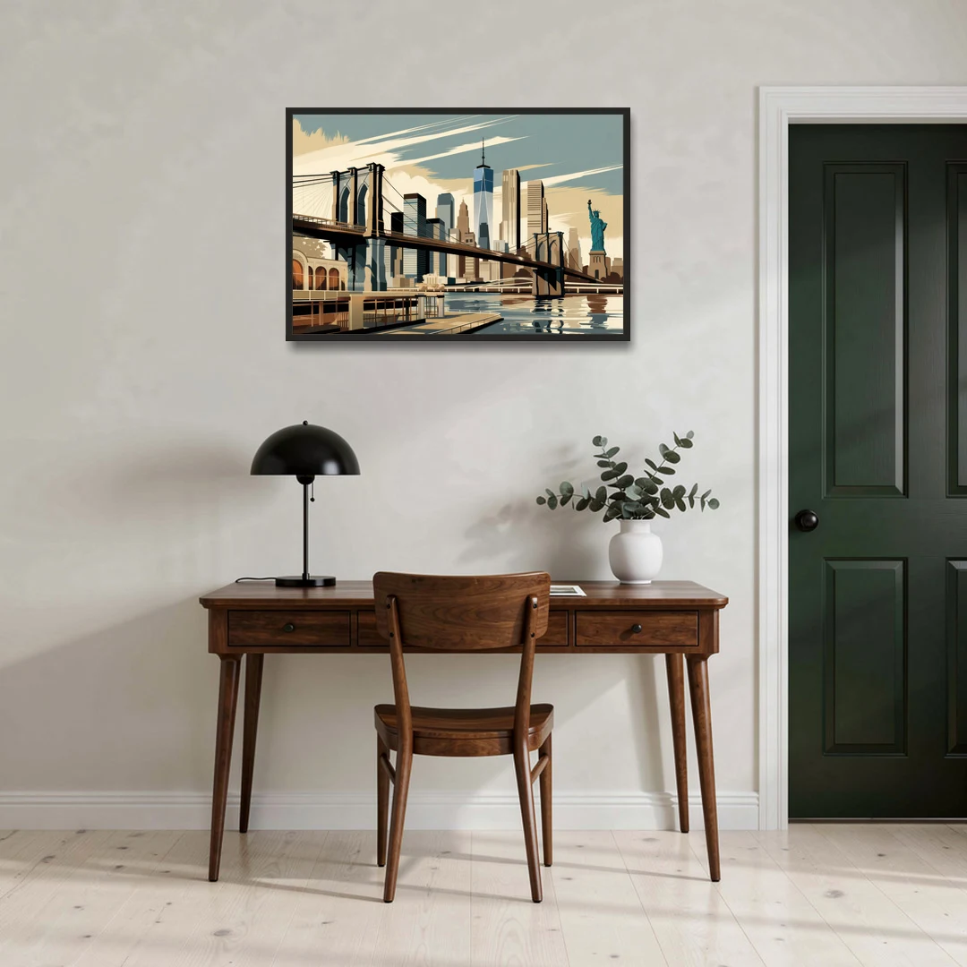 New York Brooklyn Bridge And Statue Of Liberty - Black Framed Canvas Wall Art - Office - 36x24