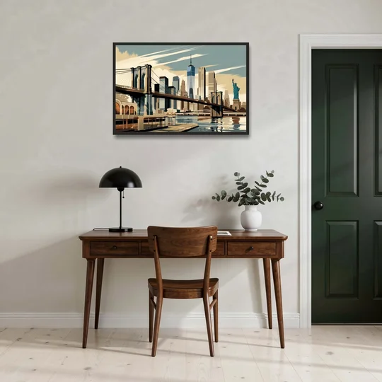 New York Brooklyn Bridge And Statue Of Liberty - Black Framed Canvas Wall Art - Office - 36x24
