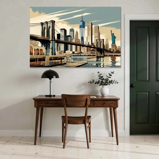 New York Brooklyn Bridge And Statue Of Liberty - Canvas Wall Art - Office - 60x40
