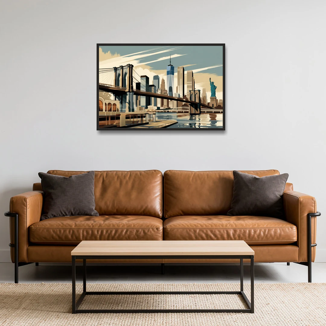 New York Brooklyn Bridge And Statue Of Liberty - Black Framed Canvas Wall Art - Sofa - 36x24