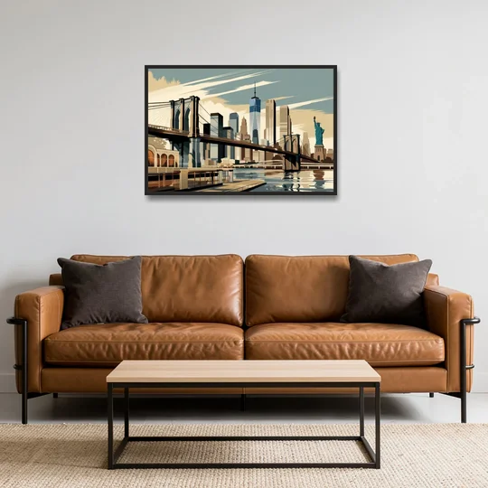 New York Brooklyn Bridge And Statue Of Liberty - Black Framed Canvas Wall Art - Sofa - 36x24