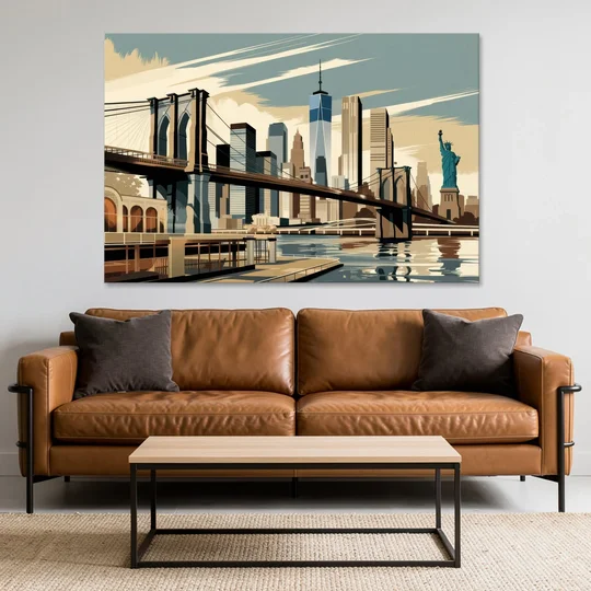 New York Brooklyn Bridge And Statue Of Liberty - Canvas Wall Art - Sofa - 60x40