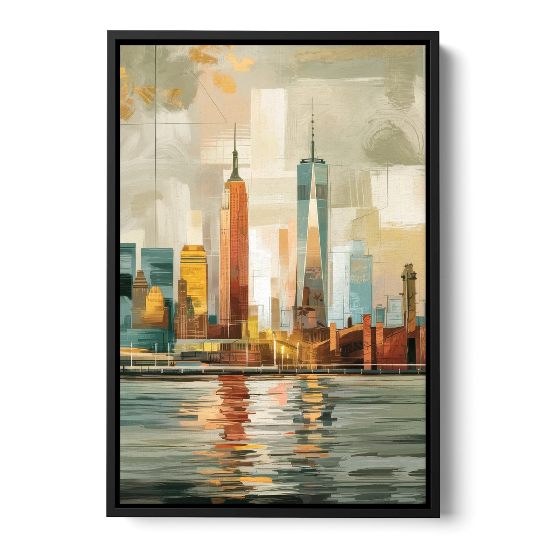 New York City Abstract Skyline Art Hudson - Black Framed Canvas Wall Art - Front