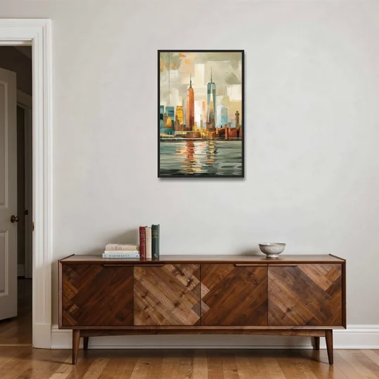 New York City Abstract Skyline Art Hudson - Black Framed Canvas Wall Art - Coffee Table - 24x36