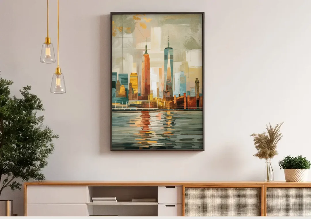 New York City Abstract Skyline Art Hudson canvas wall art above a wooden sideboard under pendant lights