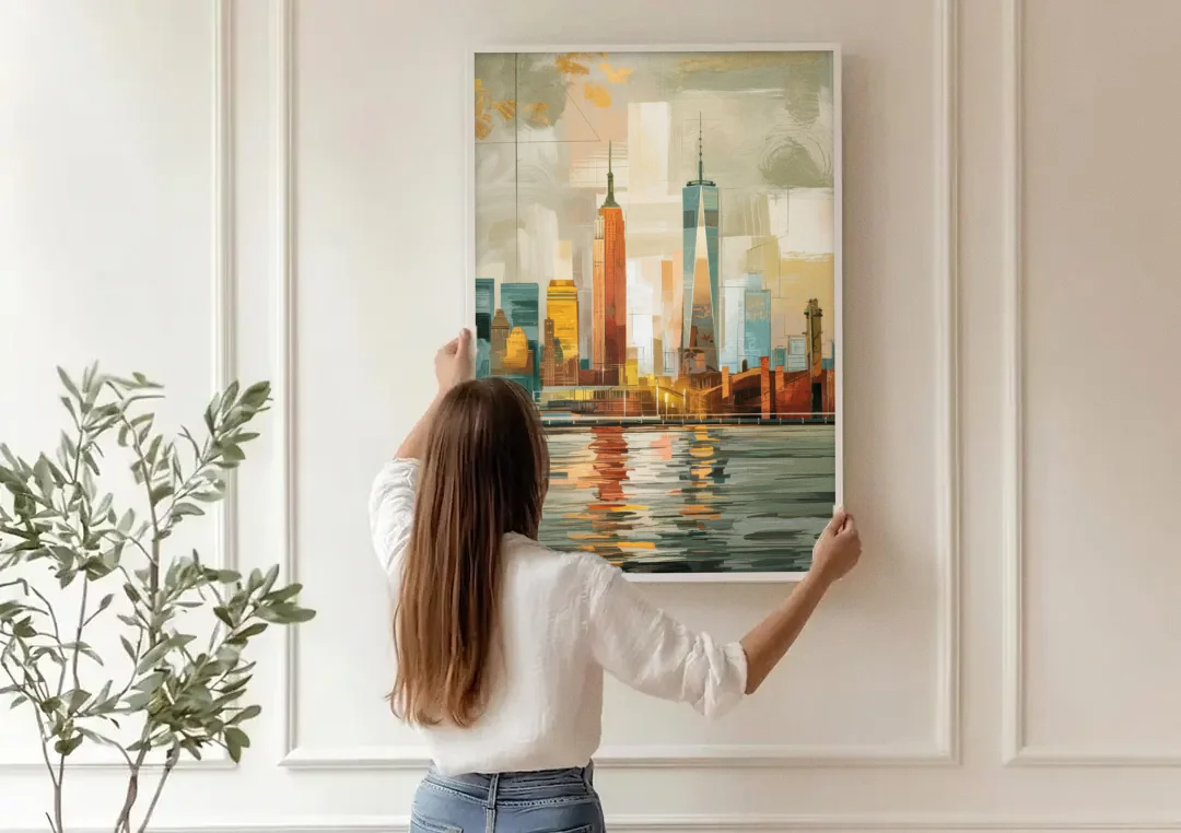 New York City Abstract Skyline Art Hudson canvas wall art being hung on a paneled wall