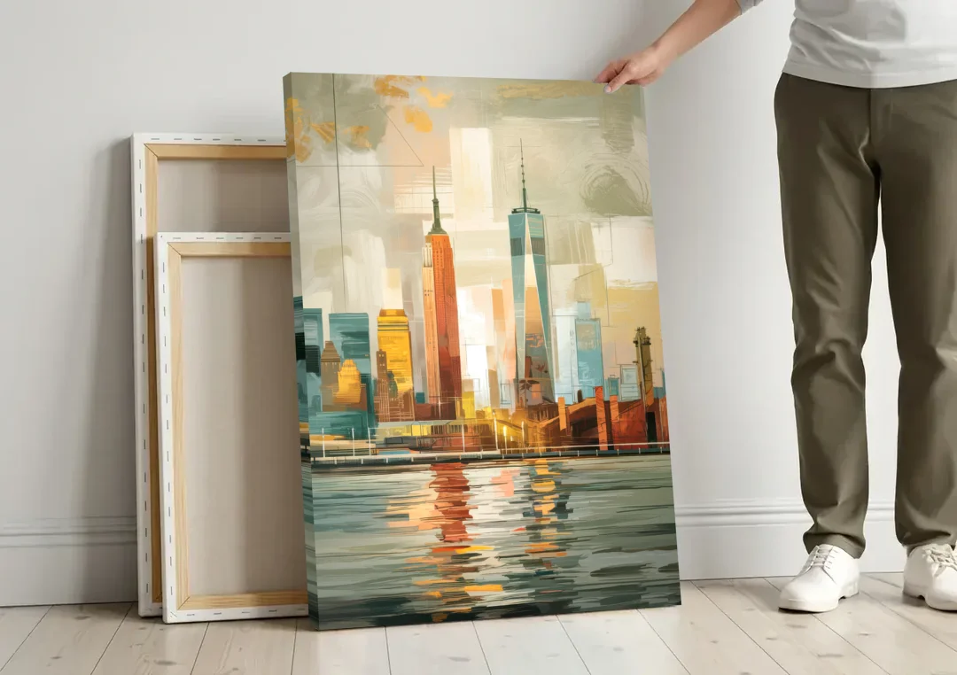 New York City Abstract Skyline Art Hudson canvas wall art leaning against a wall next to blank canvases