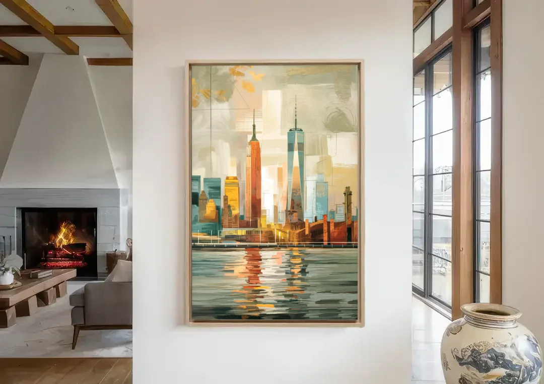 New York City Abstract Skyline Art Hudson canvas wall art in a living room with a fireplace