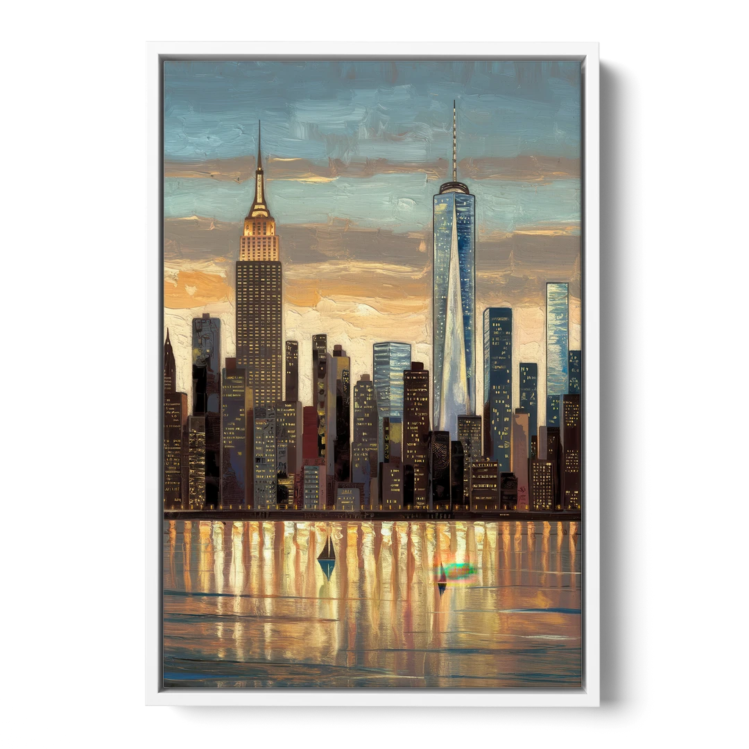 New York City Artistic View - White Framed Canvas Wall Art - Front