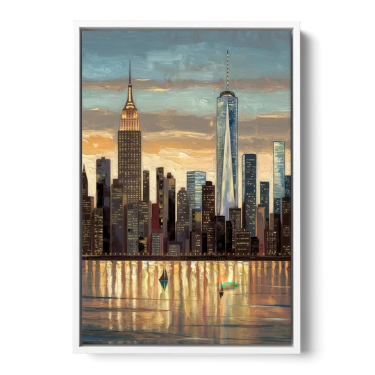 New York City Artistic View - White Framed Canvas Wall Art - Front