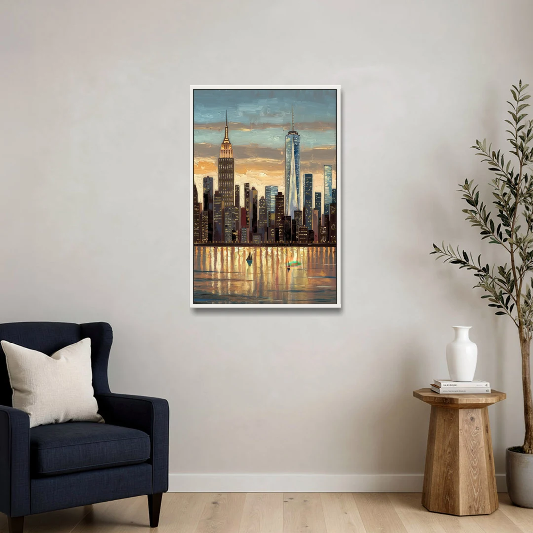 New York City Artistic View - White Framed Canvas Wall Art - Sofa - 24x36