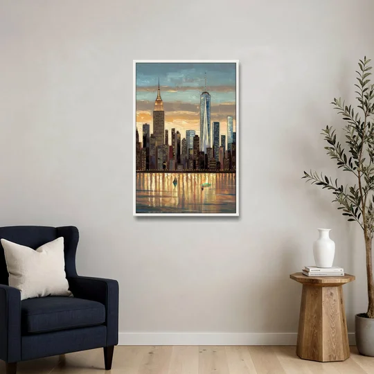 New York City Artistic View - White Framed Canvas Wall Art - Sofa - 24x36