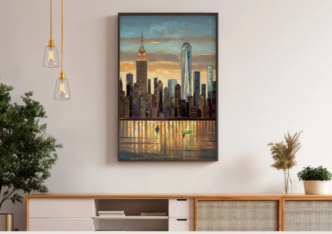 New York City Artistic View canvas wall art above a wooden sideboard under pendant lights