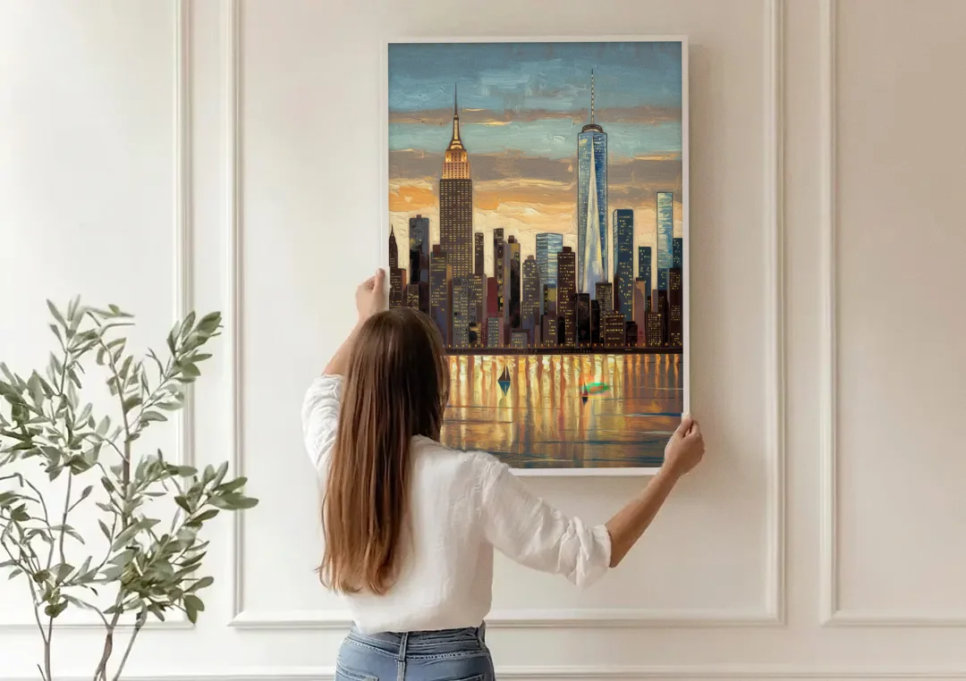 New York City Artistic View canvas wall art being hung on a paneled wall