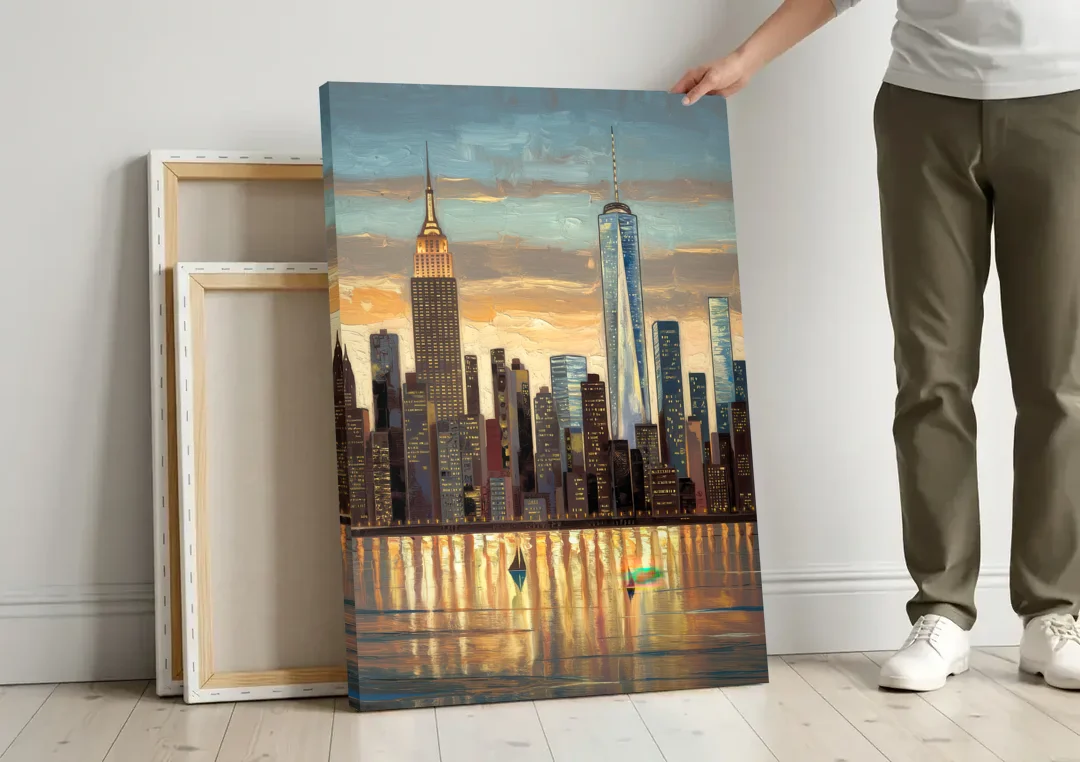 New York City Artistic View canvas wall art leaning against a wall next to blank canvases
