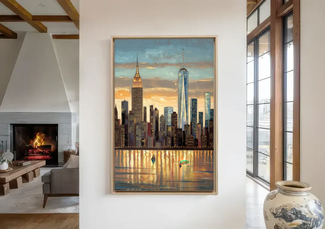 New York City Artistic View canvas wall art in a living room with a fireplace