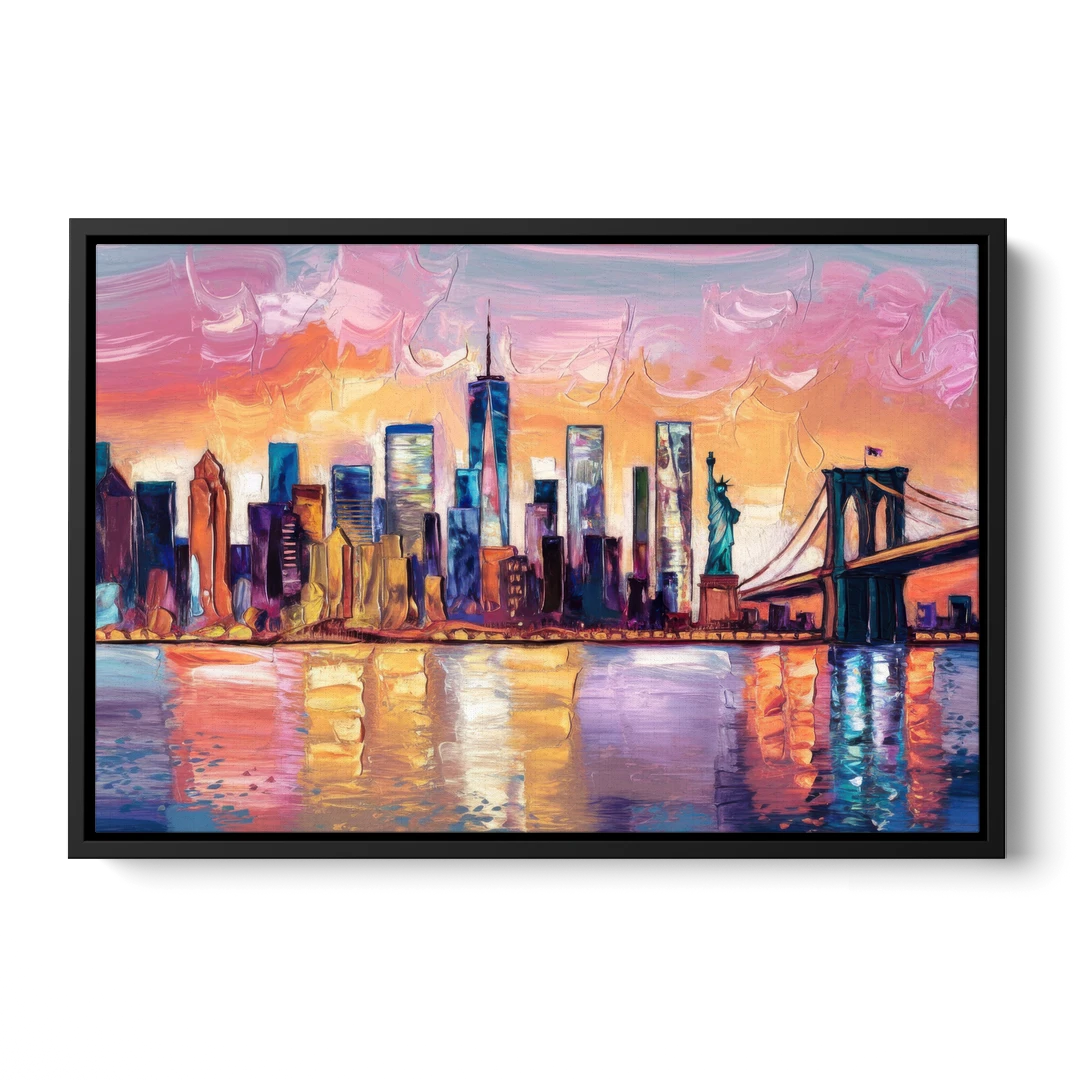 New York City Artistic Watercolor View - Black Framed Canvas Wall Art - Front