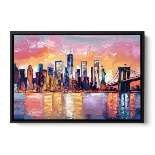New York City Artistic Watercolor View - Black Framed Canvas Wall Art - Front