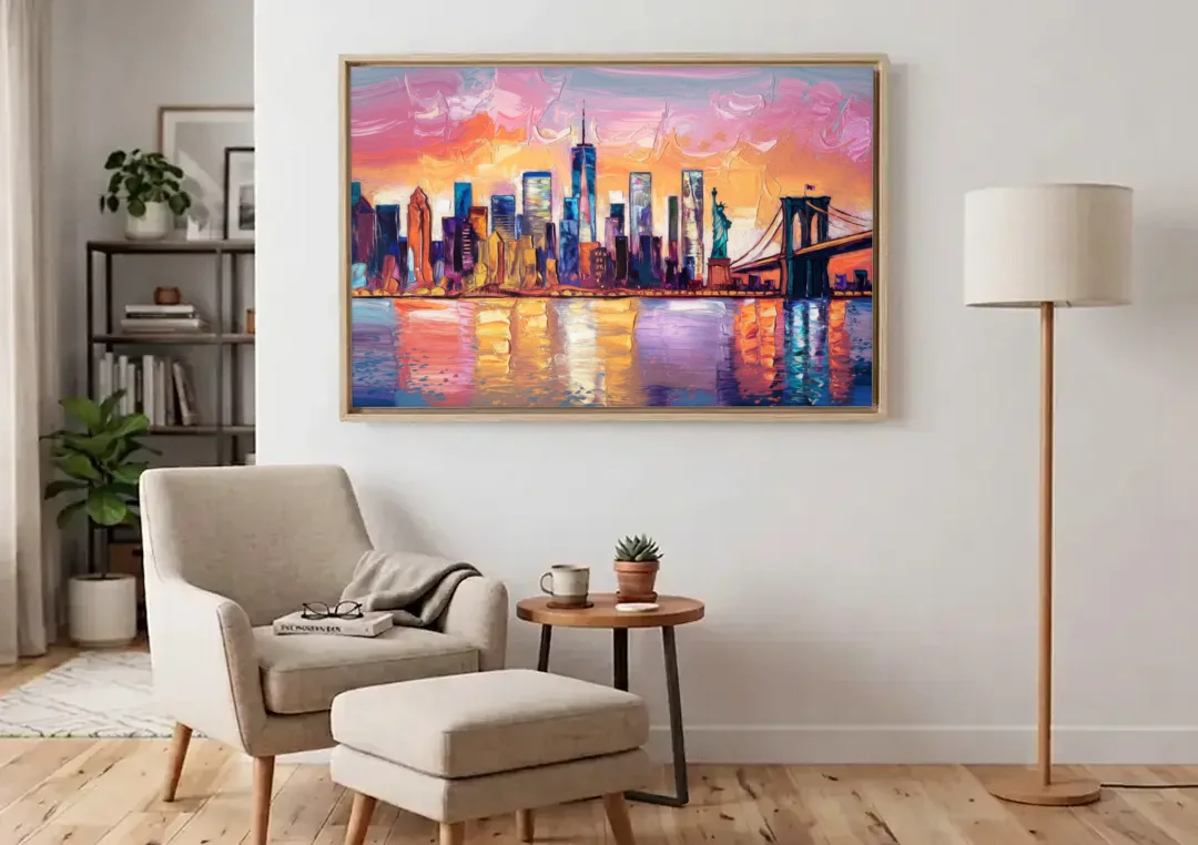 New York City Artistic Watercolor View canvas wall art above an armchair in a bright living room