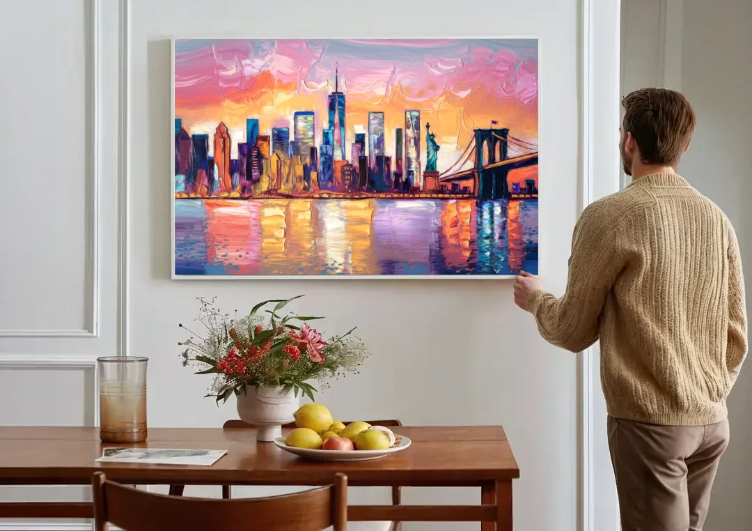 New York City Artistic Watercolor View canvas wall art above a dining table