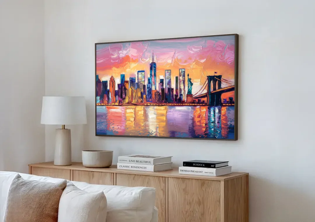 New York City Artistic Watercolor View canvas wall art above a wooden sideboard next to a sofa