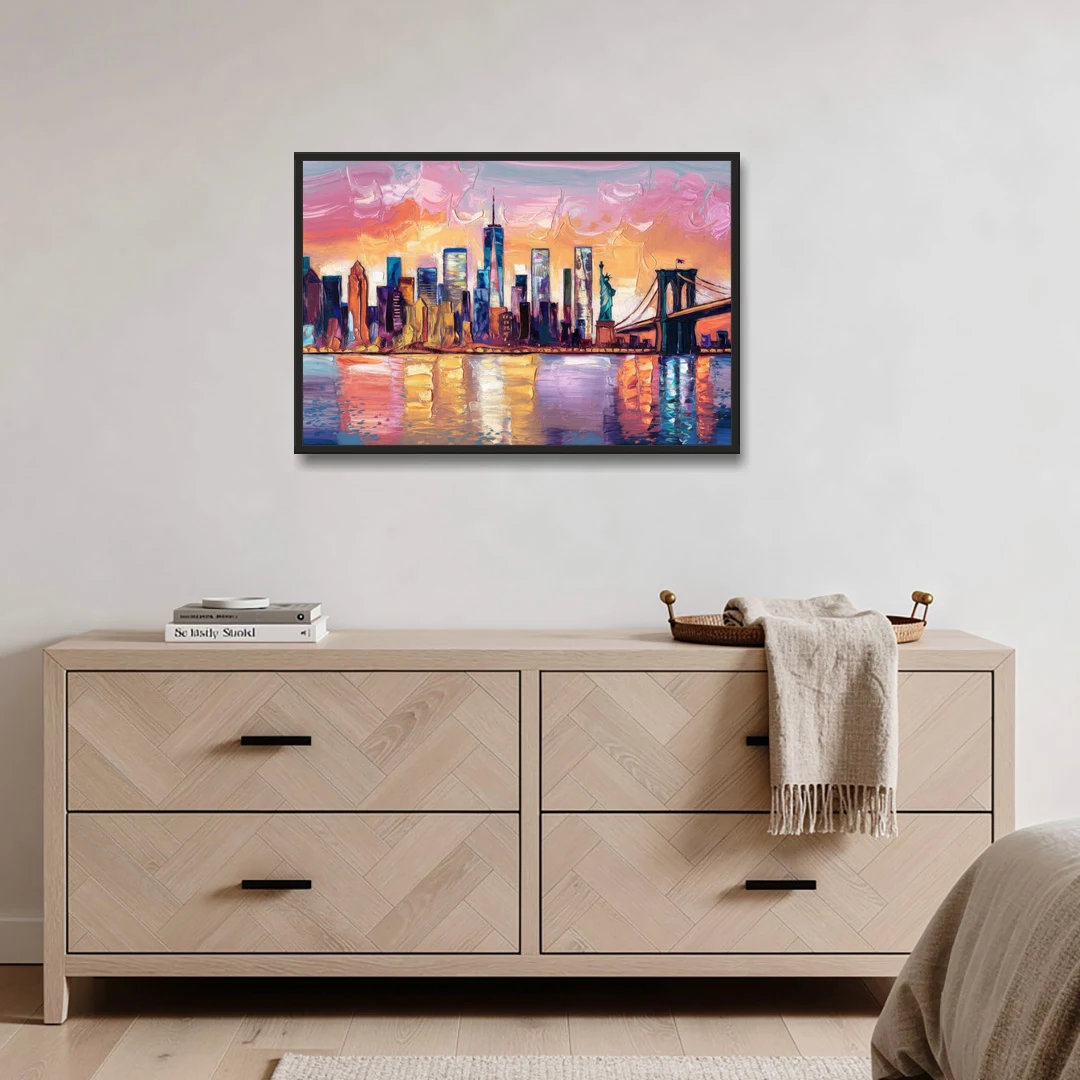 New York City Artistic Watercolor View - Black Framed Canvas Wall Art - Coffee Table - 36x24