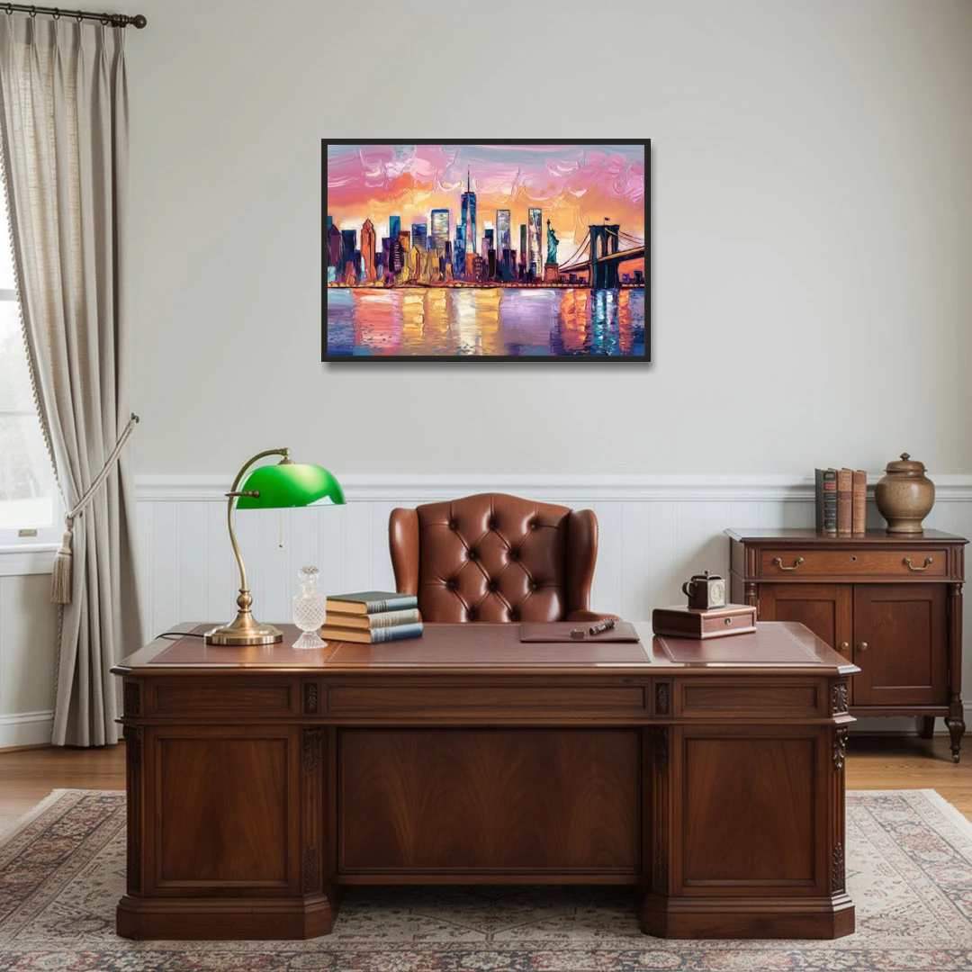 New York City Artistic Watercolor View - Black Framed Canvas Wall Art - Office - 36x24