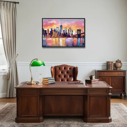 New York City Artistic Watercolor View - Black Framed Canvas Wall Art - Office - 36x24